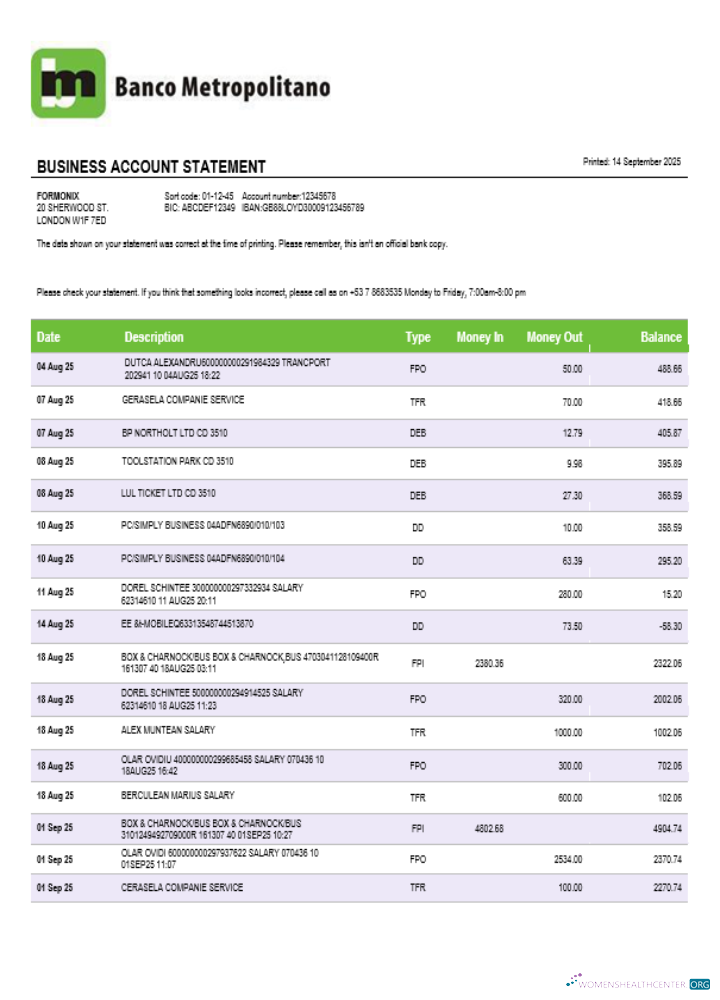 Modifiable Banco Metropolitano Organization Compte Chèque Compte Relevé Word et PDF Modèle