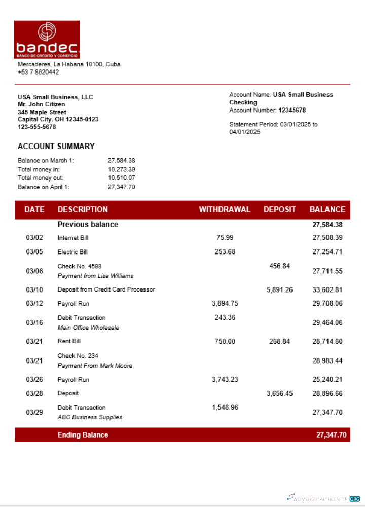 Bandec Banco de Credito Y Comercio Entreprise Firm Compte Banque Relevé Word et PDF Format maquette