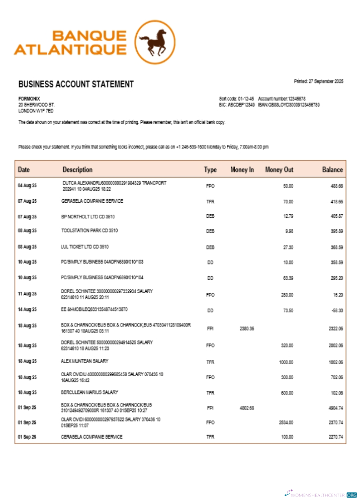 Qualité Banque Atlantique Organization Compte Chèque Compte Relevé Word et PDF Modèle (1)