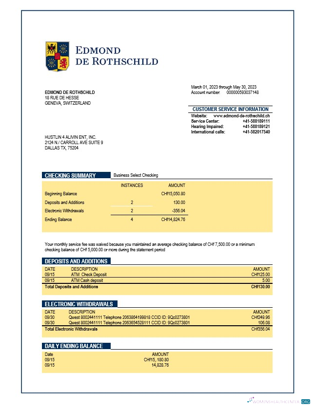 Professionnel Banque Privee Edmond de Rothschild Organization Compte Chèque Compte Relevé Word et PDF Modèle