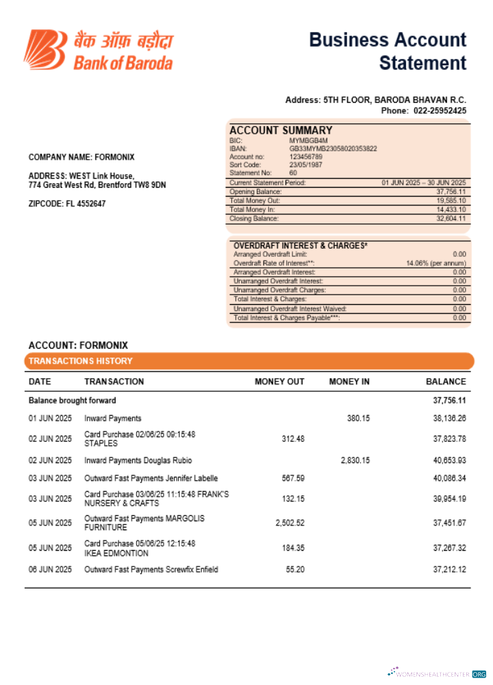 Qualité Bob Banque de Boroda Banque Organization Compte Chèque Compte Relevé Word et PDF Modèle