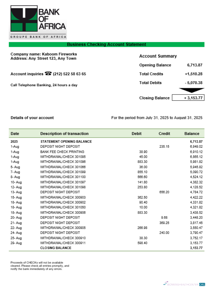Burundi Banque de Africa Banque Organization Compte Chèque Compte Relevé Word et PDF Format aperçu