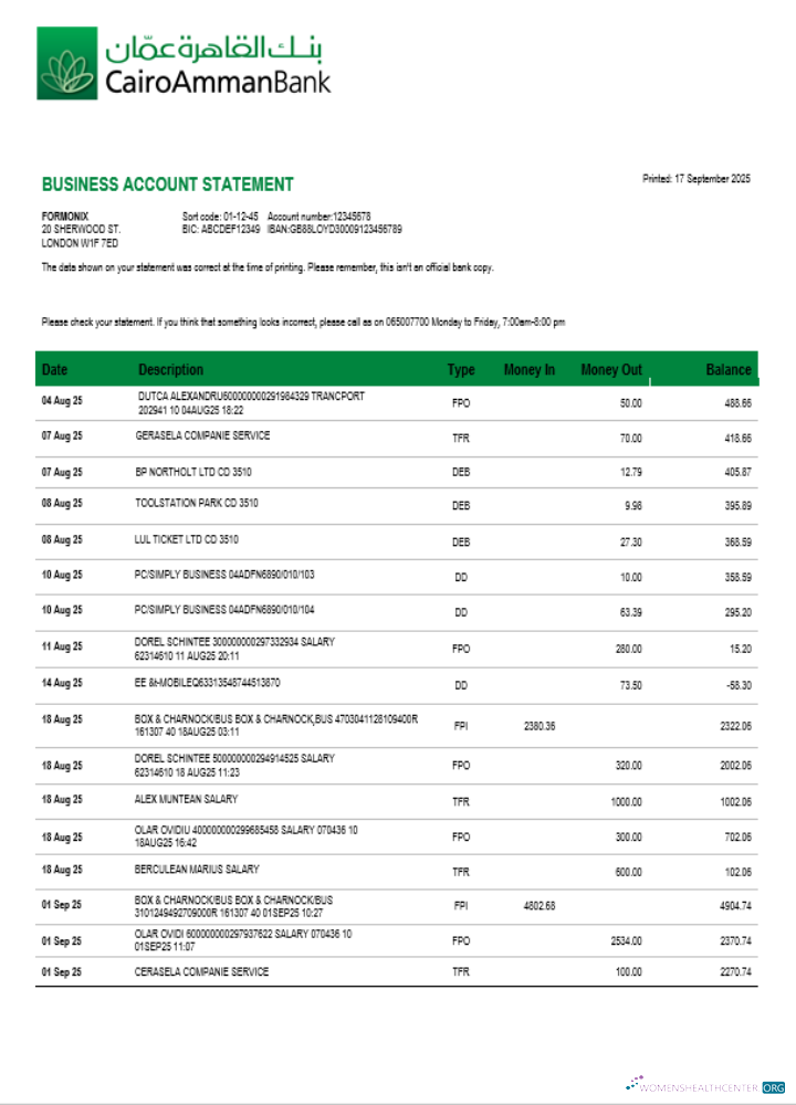 Modifiable Cairo Amman Banque Organization Compte Chèque Compte Relevé Word et PDF Modèle