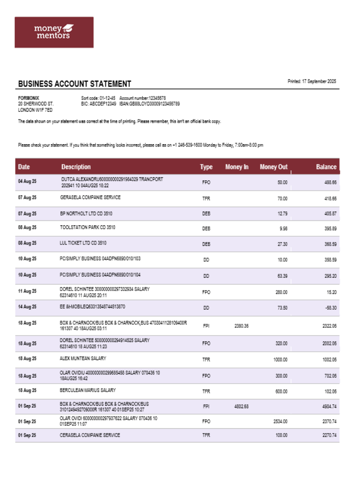 Canadian Money Mentors (MM) Entreprise Organization Compte Chèque Relevé Word et PDF Format échantillon