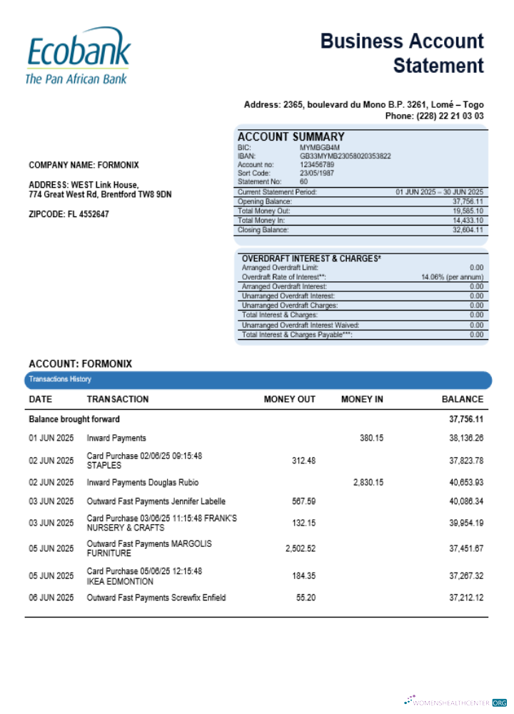 Central African Ecobank Entreprise Banque Organization Compte Relevé Word et PDF Format design
