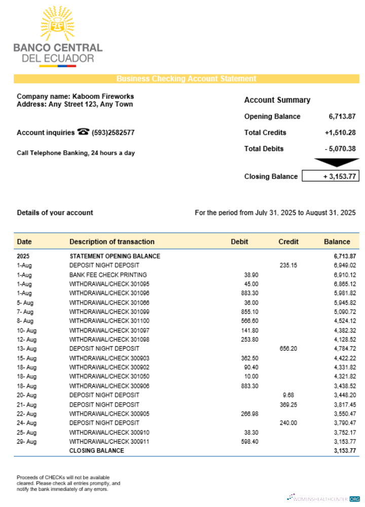 Central Banque de Ecuadorian Organization Compte Chèque Compte Relevé Word et PDF Format échantillon