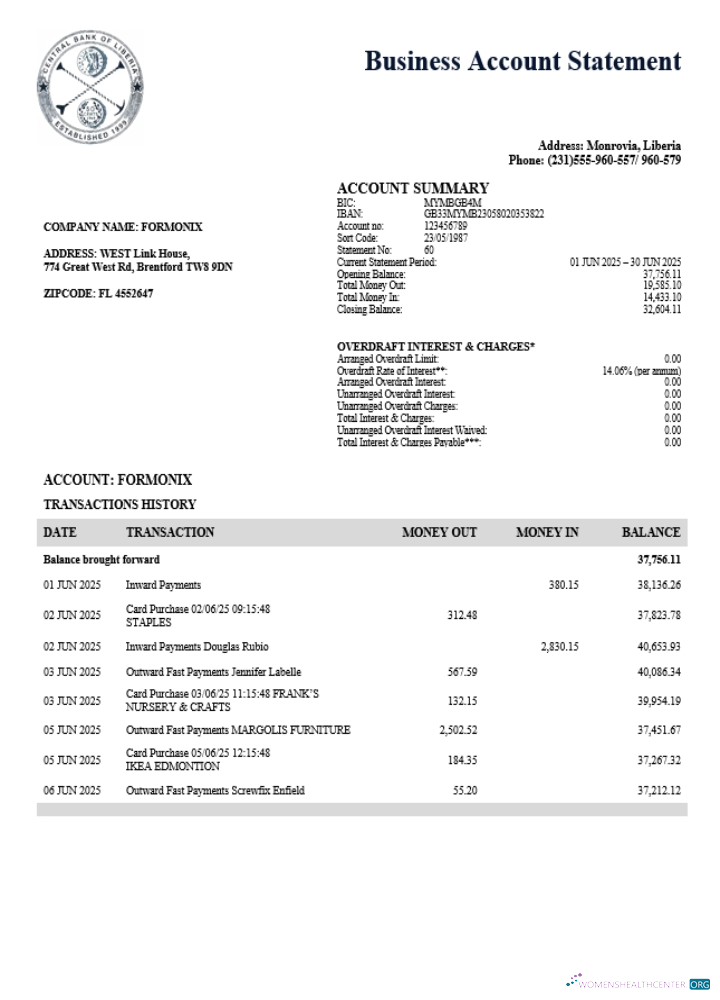 Qualité Central Banque de Libéria Organization Compte Chèque Compte Relevé Word et PDF Modèle (1)