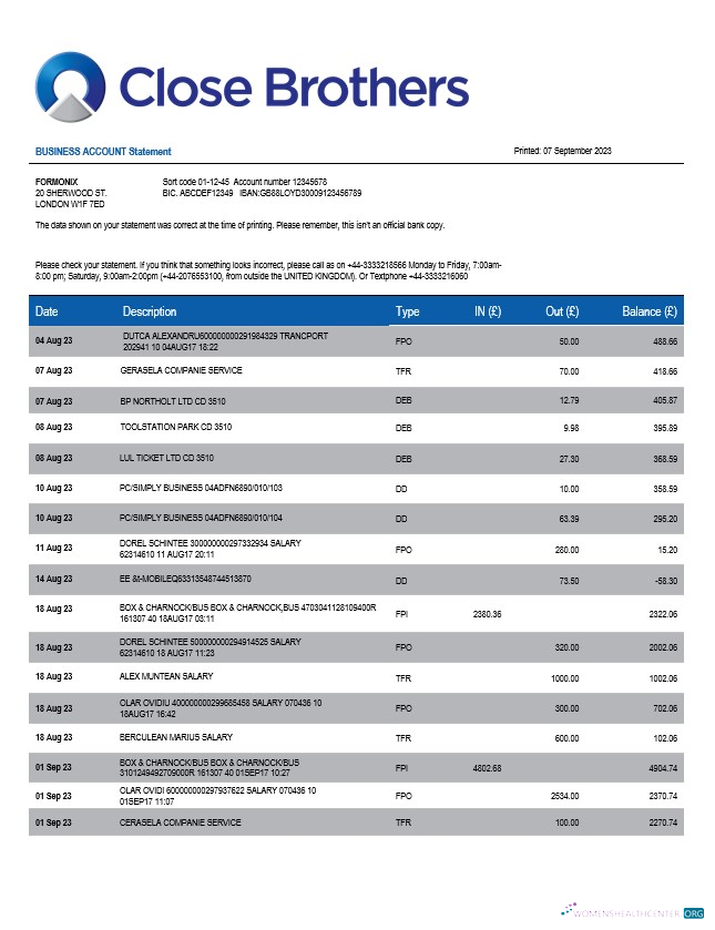 Réaliste Close Brothers Banque Group Société Compte Chèque Compte Relevé Word et PDF Modèle