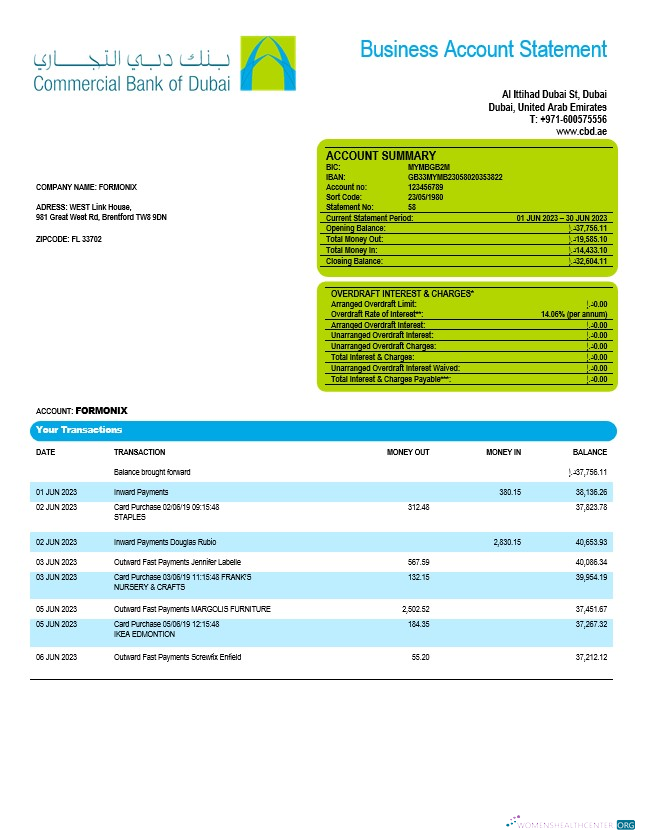 Qualité Commercial Banque de Dubai Société Compte Chèque Compte Relevé Word et PDF Modèle