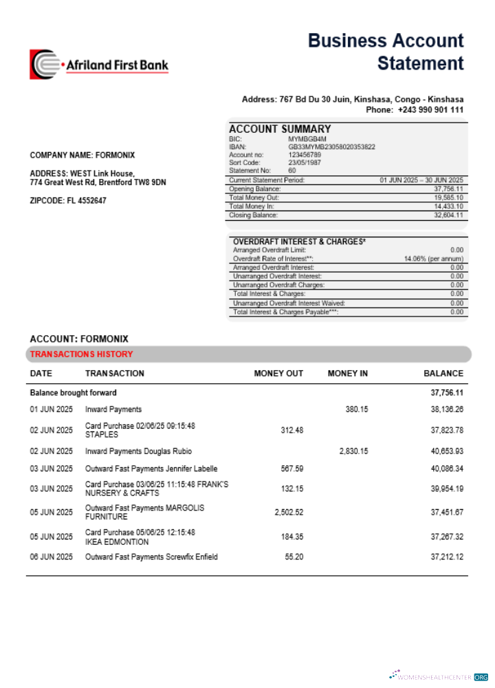 Congo Afriland Premier Banque Entreprise Firm Compte Banque Relevé Word et PDF Format aperçu
