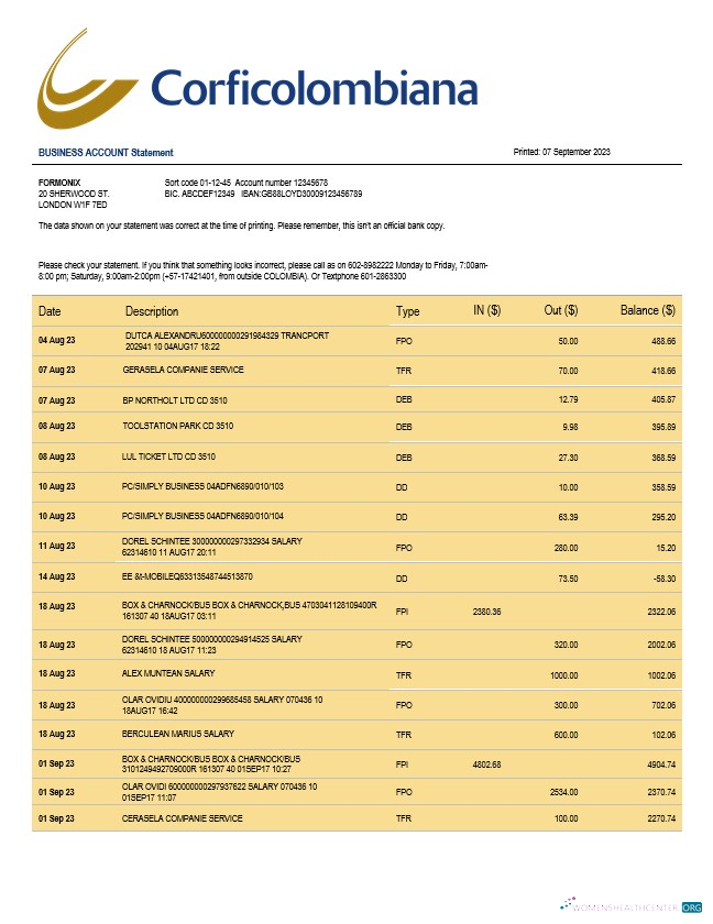 Modifiable Corficolombiana Banque Entreprise Compte Chèque Compte Relevé Word et PDF Modèle
