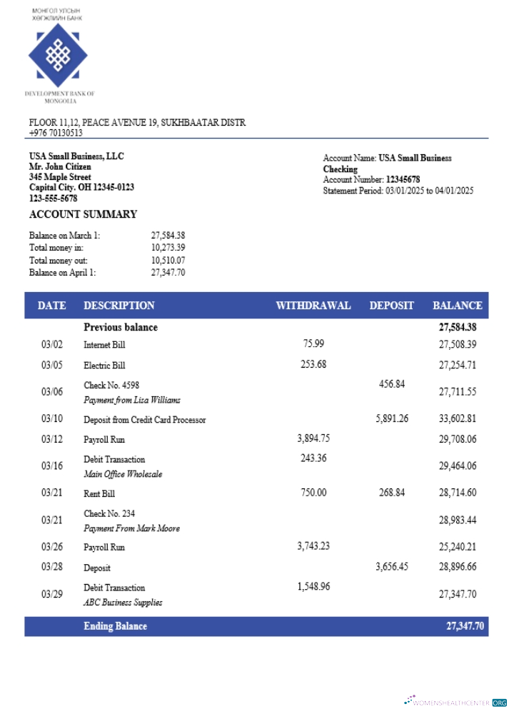 Qualité Développement Banque de Mongolian Organization Compte Chèque Compte Relevé Word et PDF Modèle (1)
