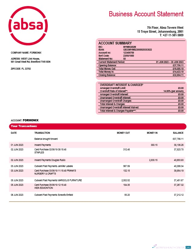 Premium Télécharger Absa Banque Société Compte Chèque Compte Relevé Word et PDF Modèle Photoshop Modèle