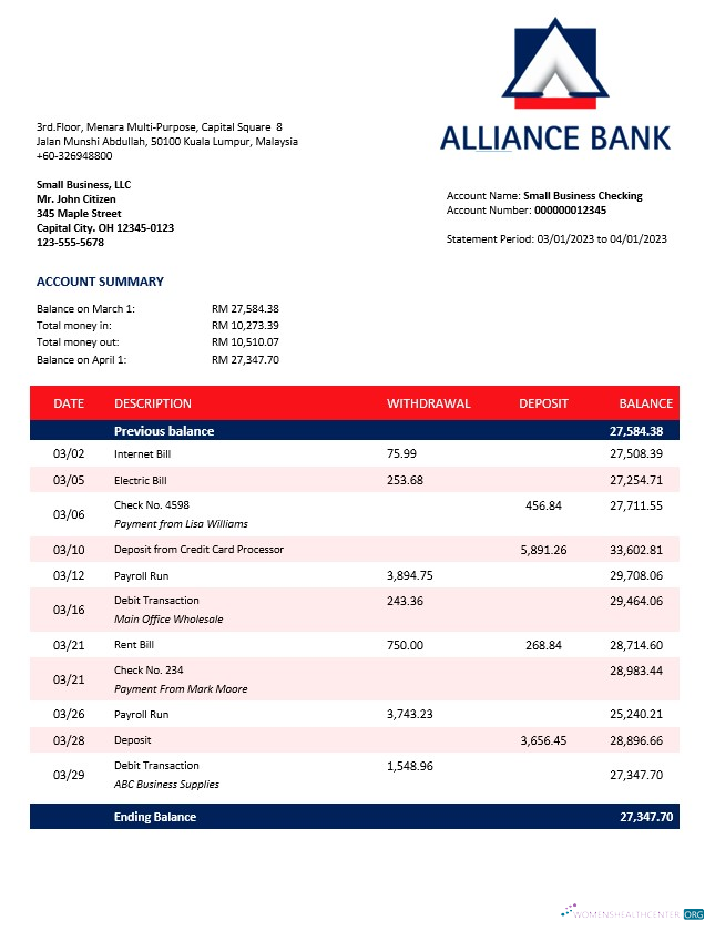 Réaliste Télécharger Alliance Banque Enterprise Compte Relevé Word et PDF Modèle Photoshop Modèle