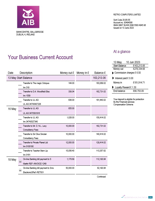Réaliste Télécharger Allied Irish Banks (AIB Banque) Enterprise Relevé Word et PDF Modèle Photoshop Modèle