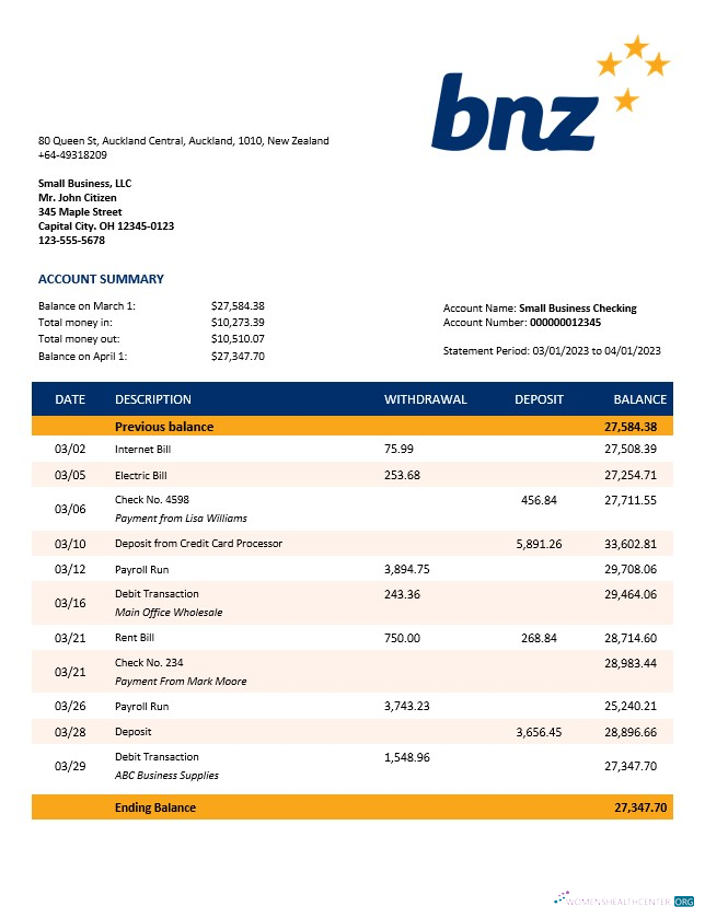Réaliste Télécharger BNZ Banque Organization Compte Relevé Word et PDF Modèle Photoshop Modèle