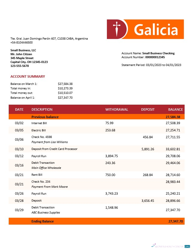 Premium Télécharger Banco Galicia Société Compte Relevé Word et PDF Modèle Photoshop Modèle
