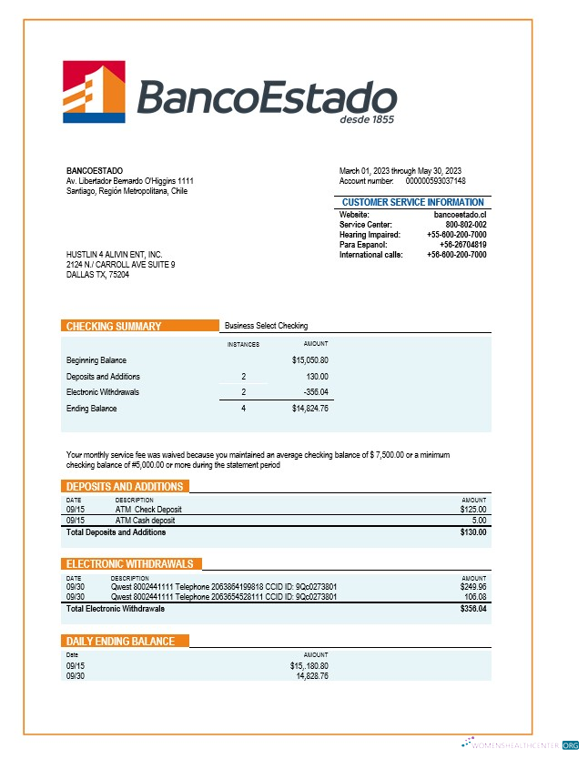 Réaliste Télécharger Banco Del Estado de Chille Organization Relevé Word et PDF Modèle Photoshop Modèle