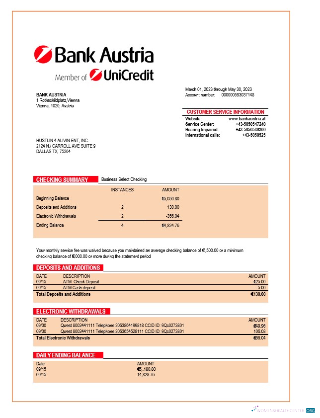 Réaliste Télécharger Banque Autriche Organization Relevé Word et PDF Modèle Photoshop Modèle