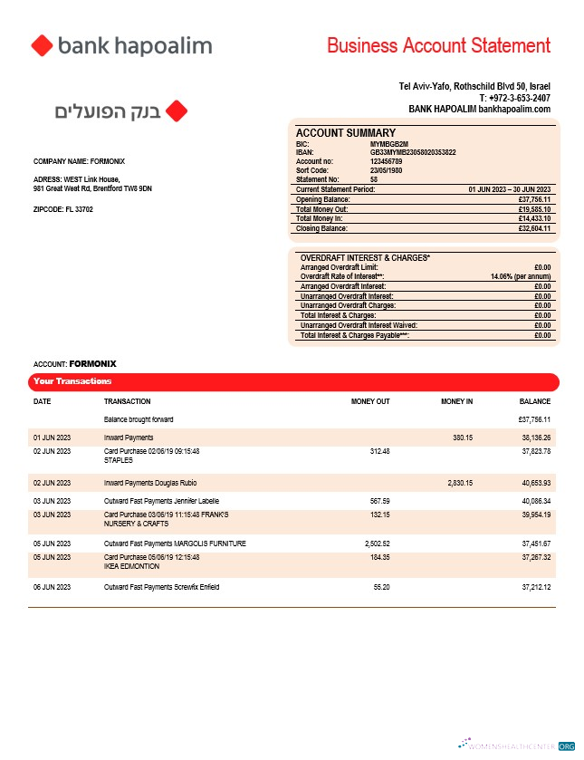 Premium Télécharger Banque Hapoalim Firm Compte Relevé Word et PDF Modèle Photoshop Modèle