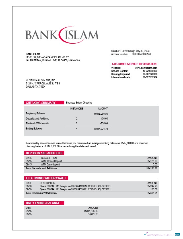 Qualité Télécharger Banque Islam Société Compte Relevé Word et PDF Modèle Photoshop Modèle