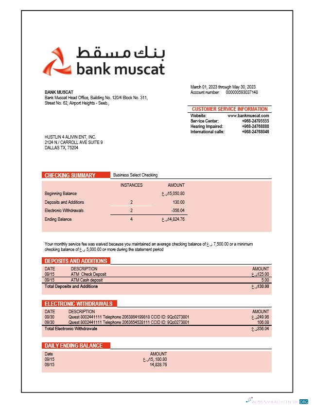 Réaliste Télécharger Banque Muscat Enterprise Compte Relevé Word et PDF Modèle Photoshop Modèle