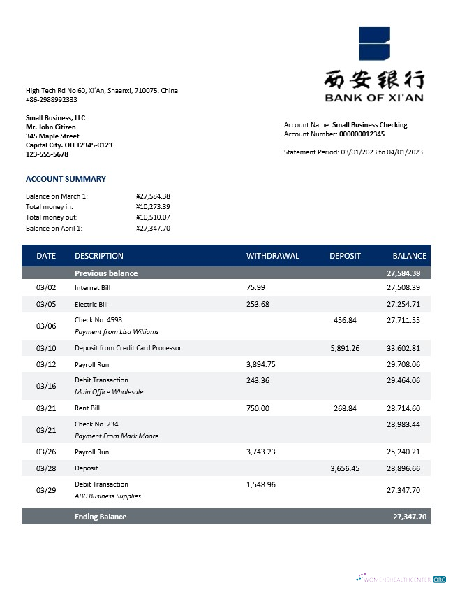 Qualité Télécharger Banque de Xi’An Enterprise Compte Relevé Word et PDF Modèle Photoshop Modèle
