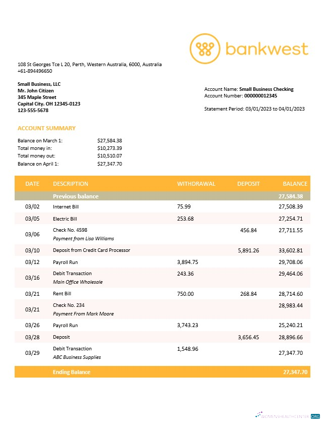 Qualité Télécharger Bankwest Entreprise Banque Relevé Word et PDF Modèle Photoshop Modèle