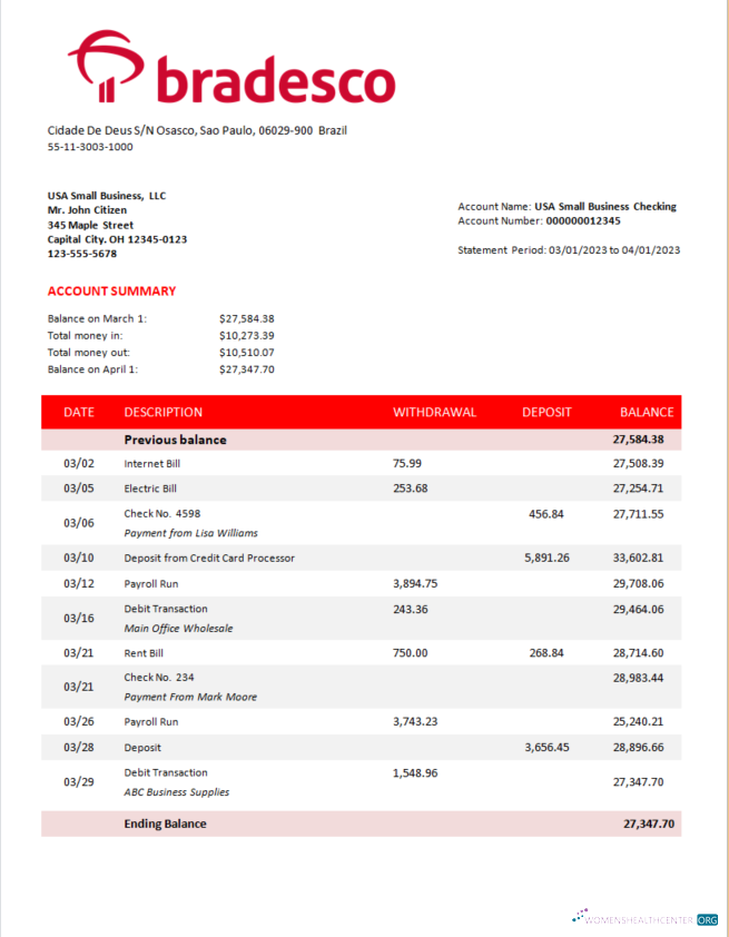 Premium Télécharger Bradesco Banque Corporatif Compte Relevé Word et PDF Modèle Photoshop Modèle