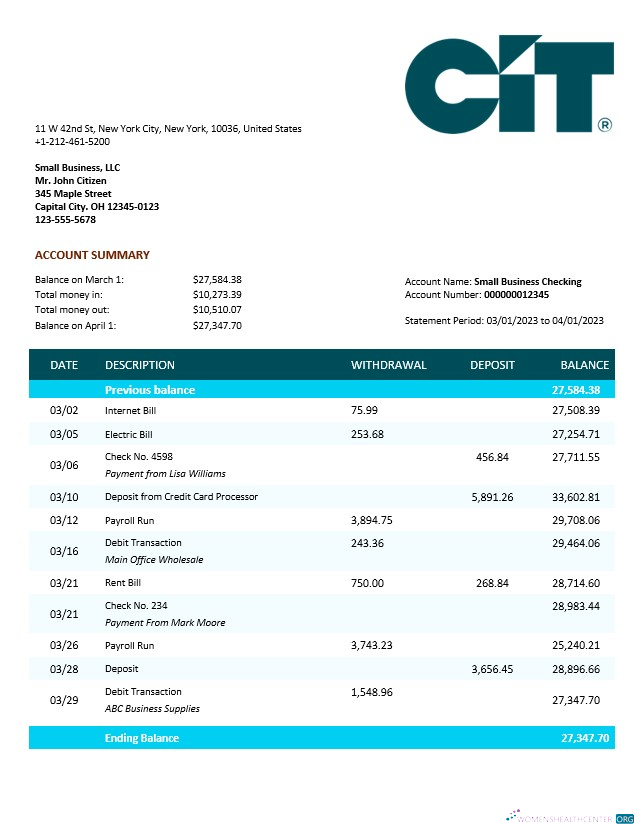 Réaliste Télécharger CIT Banque Entreprise Compte Chèque Compte Relevé Word et PDF Modèle Photoshop Modèle