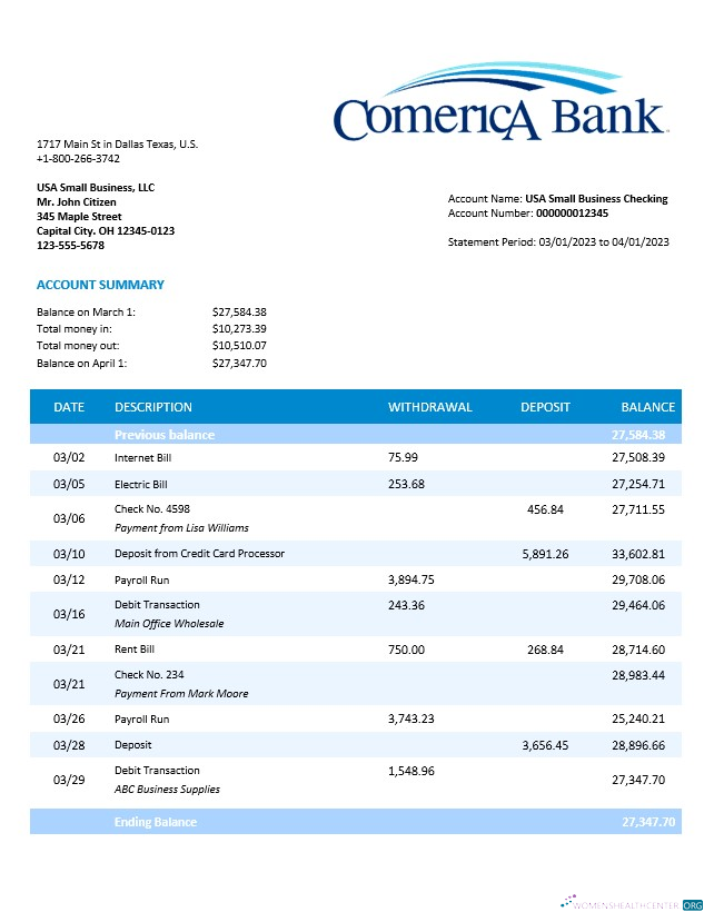 Professionnel Télécharger Comerica Banque Entreprise Relevé Word et PDF Modèle Photoshop Modèle