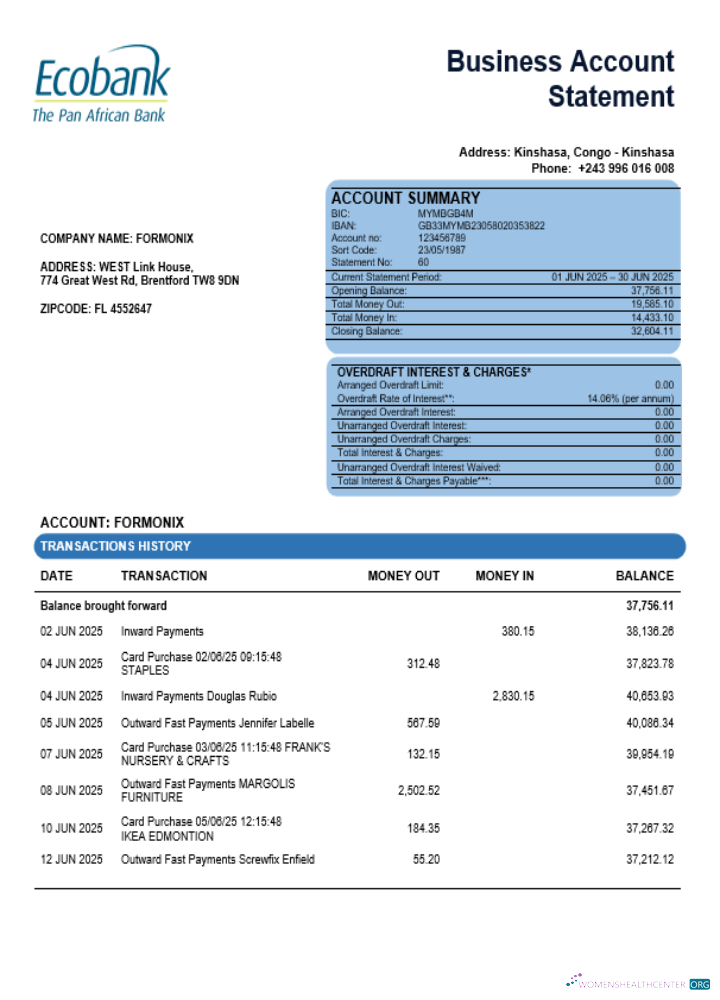Réaliste Télécharger Congo Ecobank Firm Compte Relevé Word et PDF Modèle Photoshop Modèle