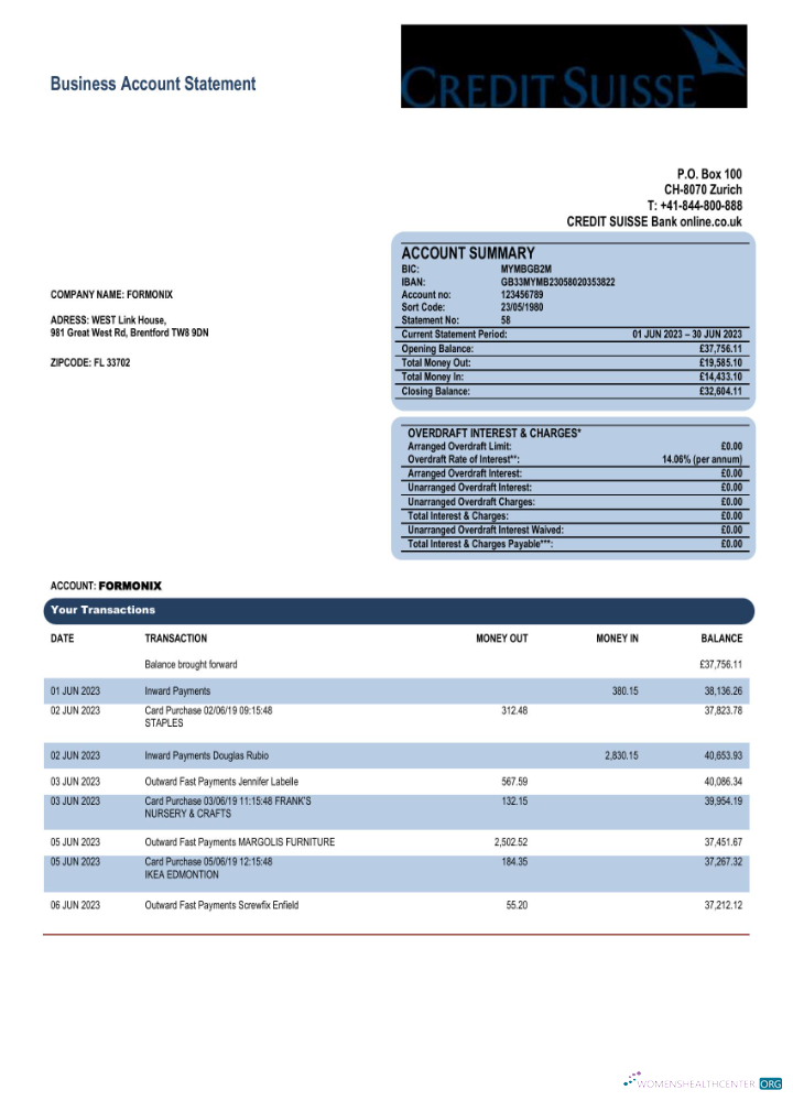 Qualité Télécharger Crédit Suisse Banque Corporatif Compte Relevé Word et PDF Modèle Photoshop Modèle
