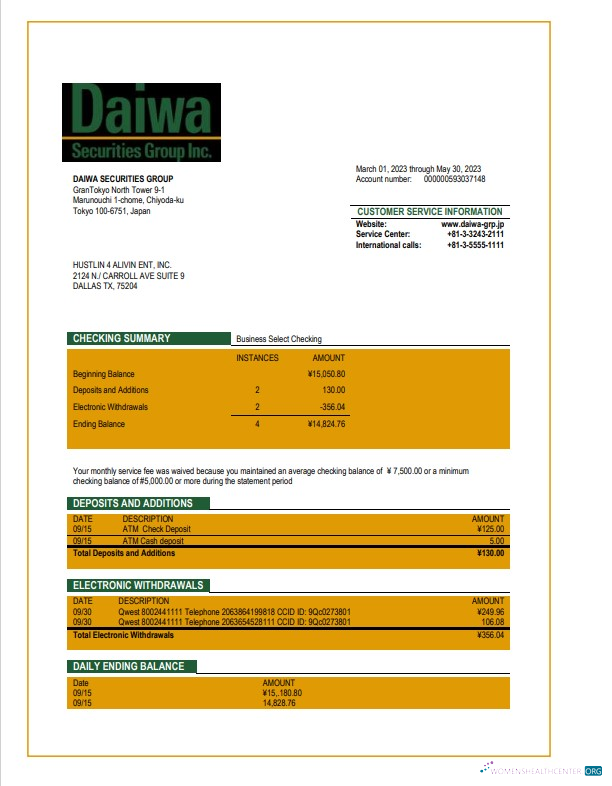 Modifiable Télécharger Daiwa Securities Group Entreprise Banque Relevé Word et PDF Modèle Photoshop Modèle