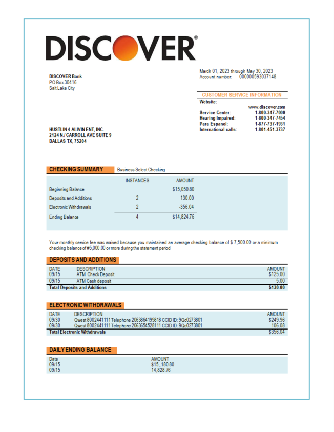 Réaliste Télécharger Discover Banque Entreprise Relevé Word et PDF Modèle Photoshop Modèle
