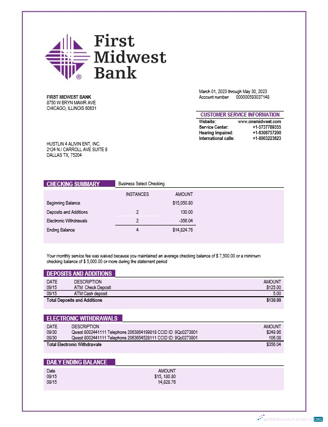 Premium Télécharger Premier Midwest Banque Société Compte Relevé Word et PDF Modèle Photoshop Modèle