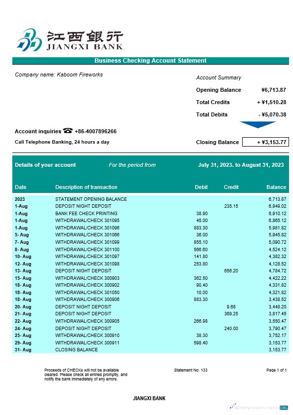 Qualité Télécharger Jiangxi Banque Entreprise Compte Chèque Compte Relevé Word et PDF Modèle Photoshop Modèle