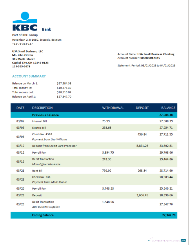 Qualité Télécharger KBC Banque Corporatif Compte Relevé Word et PDF Modèle Photoshop Modèle
