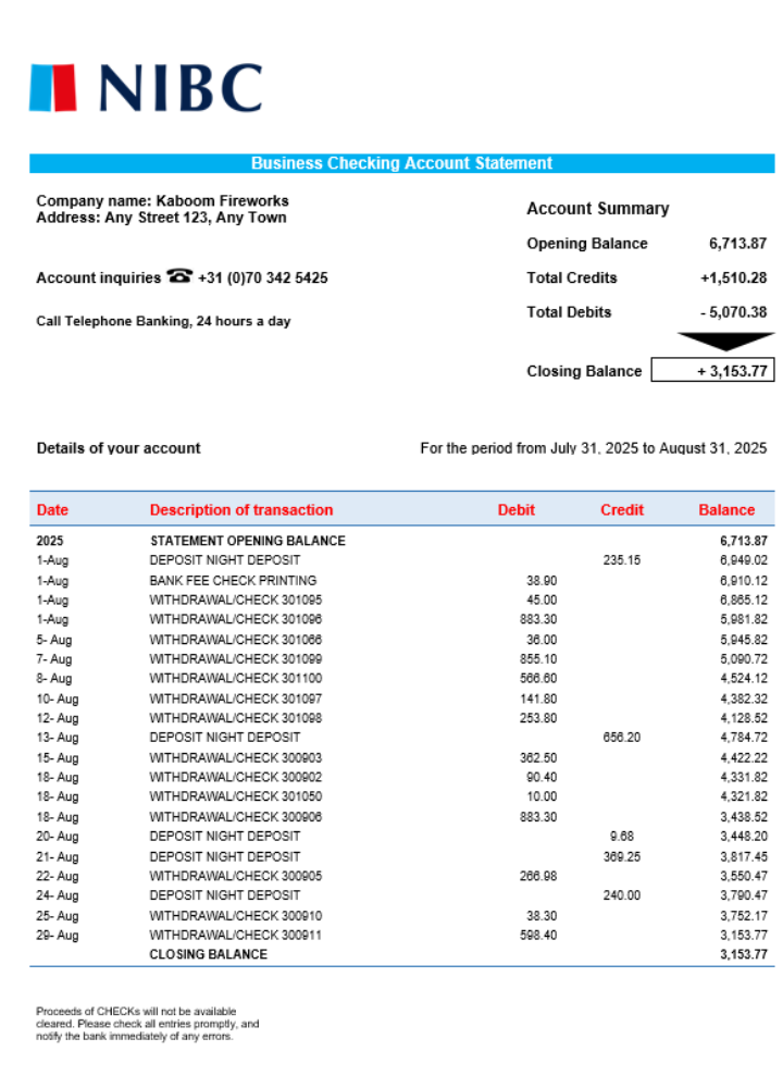 Qualité Télécharger NIBC Banque Entreprise Organization Compte Chèque Relevé Word et PDF Format Photoshop Modèle