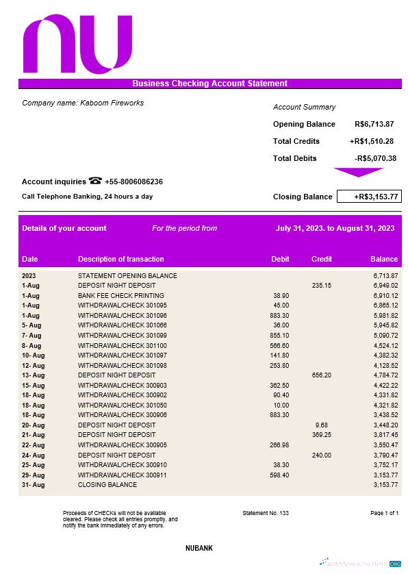 Professionnel Télécharger Nubank Corporatif Compte Chèque Compte Relevé Word et PDF Modèle Photoshop Modèle
