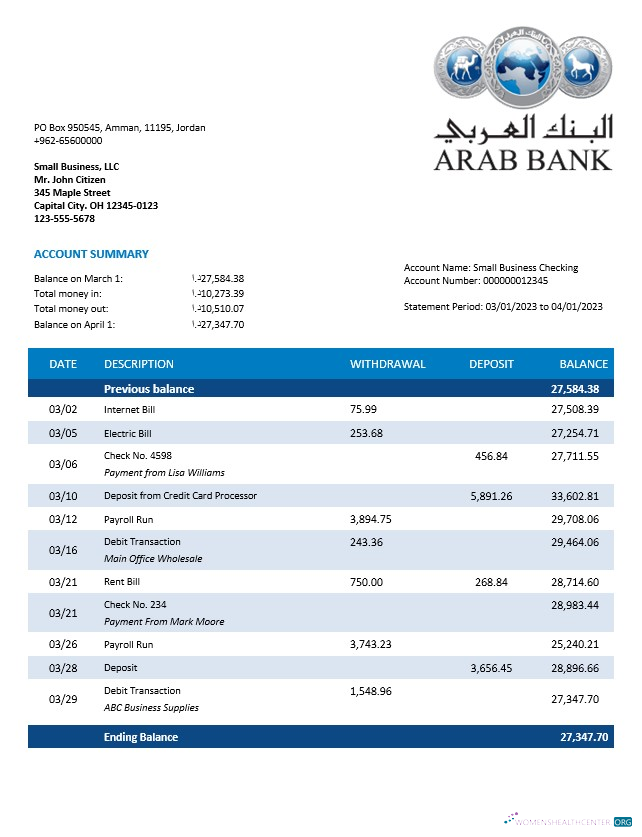 Premium Télécharger Oman Arab Banque Société Compte Chèque Compte Relevé Word et PDF Modèle Photoshop Modèle