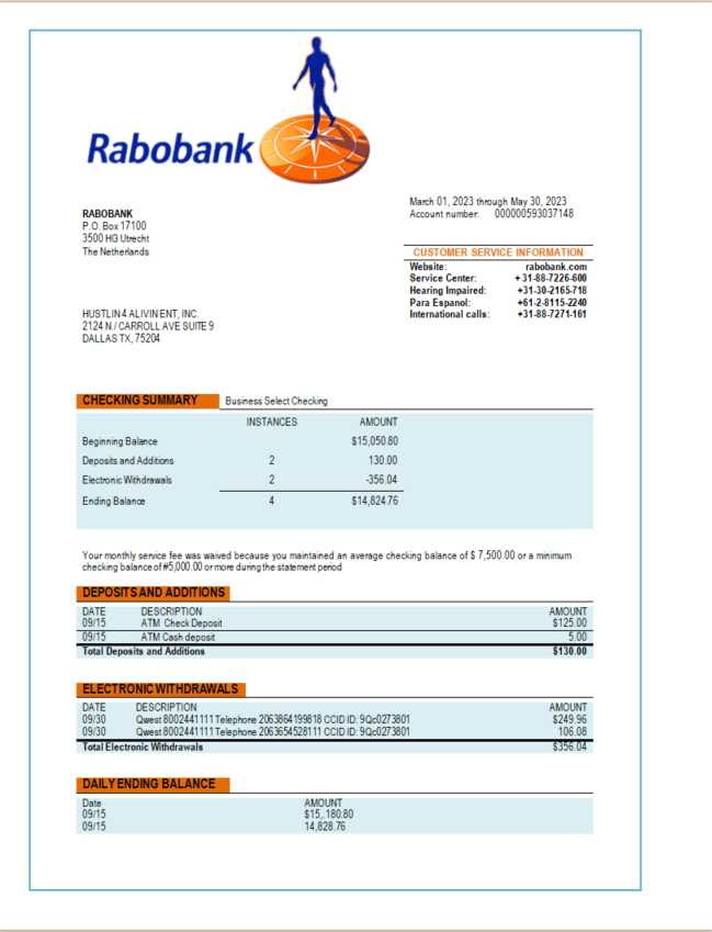 Qualité Télécharger Rabobank Banque Organization Compte Relevé Word et PDF Modèle Photoshop Modèle