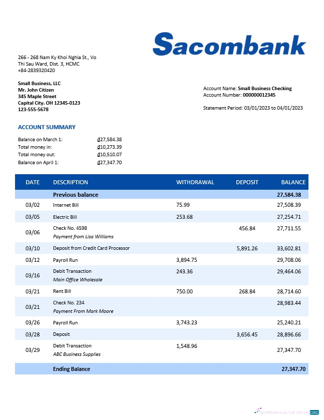 Qualité Télécharger Sacombank Organization Compte Chèque Compte Relevé Word et PDF Modèle Photoshop Modèle