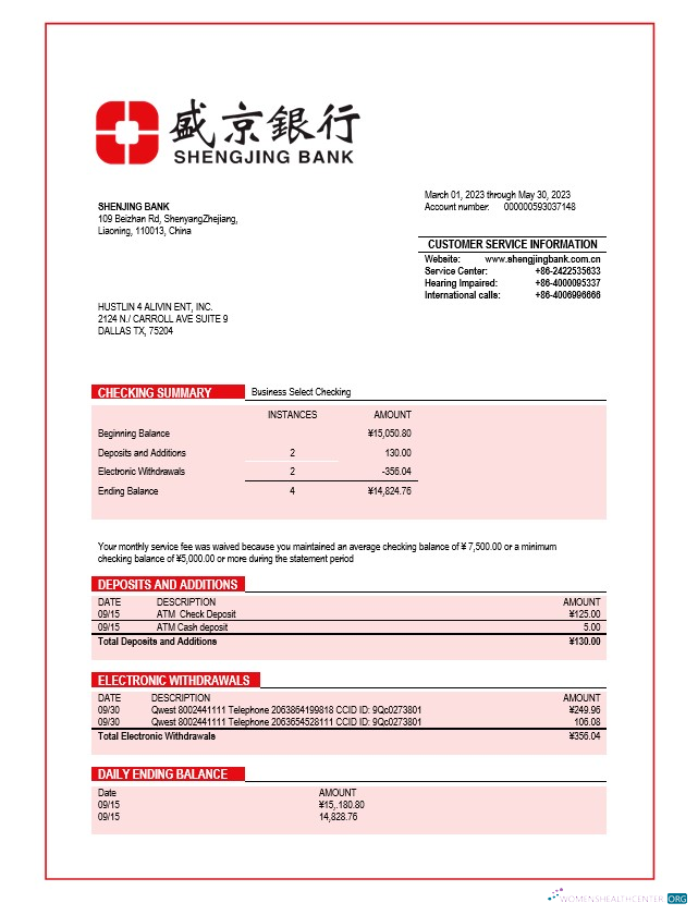 Premium Télécharger Shengjing Banque Société Compte Chèque Compte Relevé Word et PDF Templa Photoshop Modèle