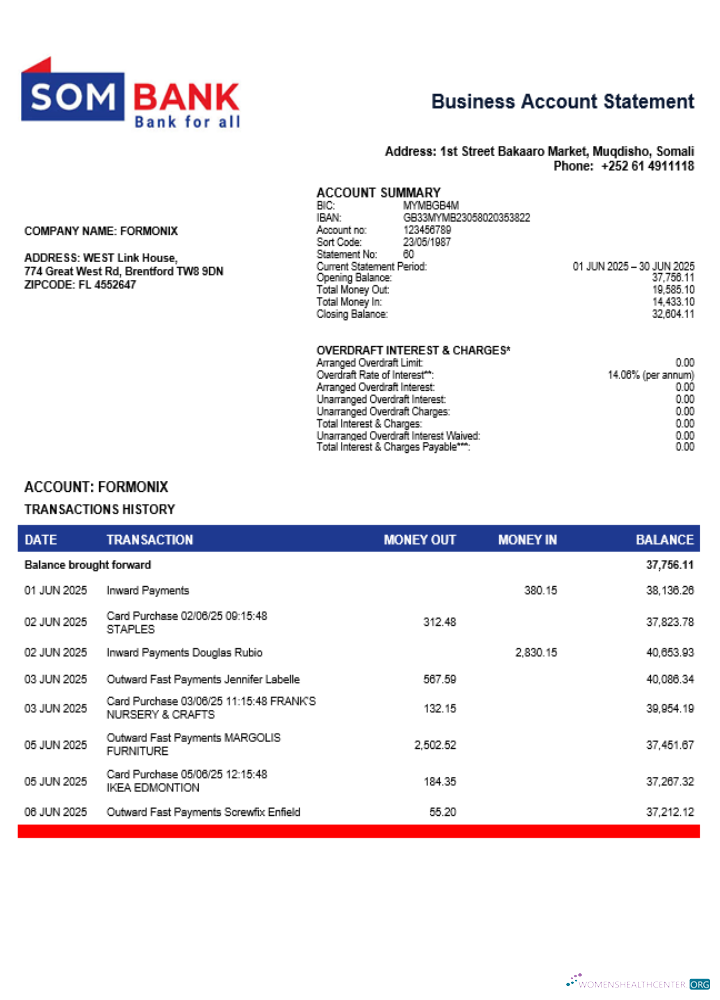 Qualité Télécharger Somali Sombank Banque Firm Compte Relevé Word et PDF Modèle Photoshop Modèle