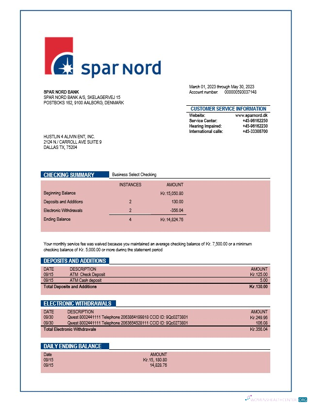 Modifiable Télécharger Spar Nord Banque Société Compte Chèque Compte Relevé Word et PDF Modèle Photoshop Modèle