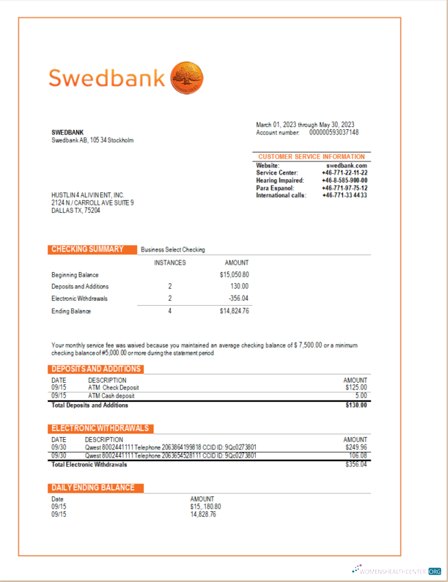 Premium Télécharger Swedbank Entreprise Compte Chèque Compte Relevé Word et PDF Modèle Photoshop Modèle