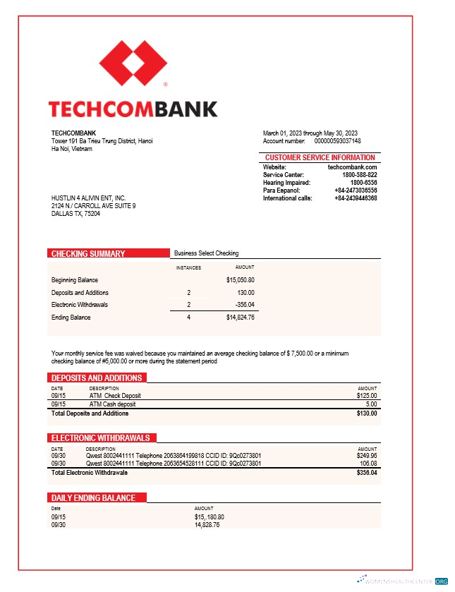 Premium Télécharger Techcombank Corporatif Compte Chèque Compte Relevé Word et PDF Modèle Photoshop Modèle