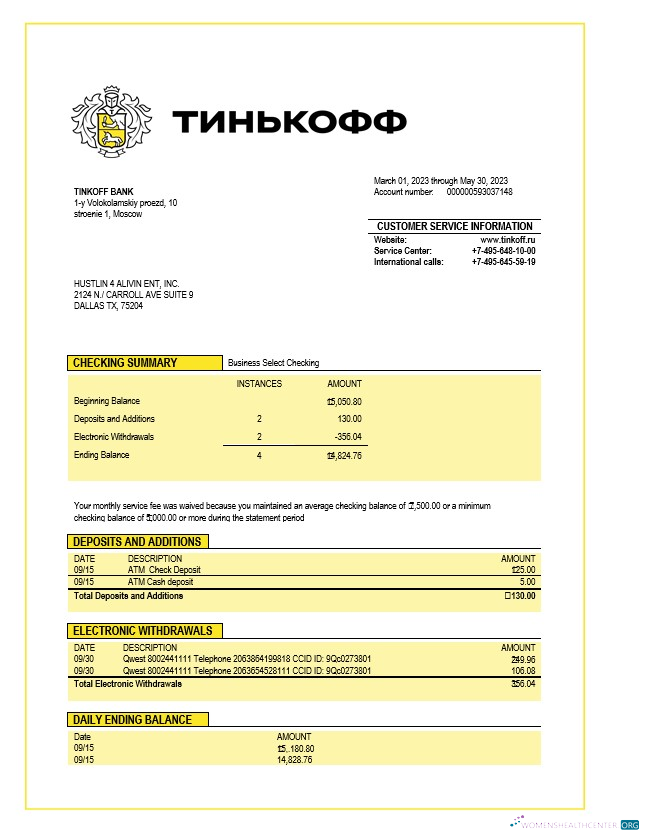 Professionnel Télécharger Tinkoff Banque Firm Relevé Word et PDF Modèle Photoshop Modèle