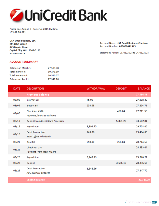 Qualité Télécharger Unicredit Banque Corporatif Relevé Word et PDF Modèle Photoshop Modèle